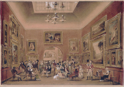 Watercolor of a large Victorian art gallery with dozens of well-dresseed patrons admiring the art works